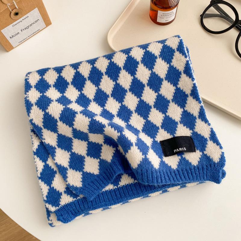 Blue Checkerboard Wool Small Scarf Female Winter Warm Versatile Student Couple Short Scarf