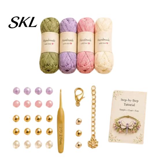 Handmade Bracelet Kit DIY Nature-Inspired Crochet Kit, 3D Animals Plants Hand-Crocheted Jewelry Gift Set Flower Maple Dragonfly Butterfly Making Set,