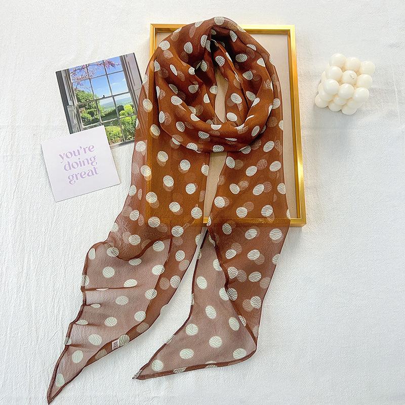 Polka dot printing chiffon streamer, high-end sense, simple and pure silk scarf, women's travel photography retro decoration with streamer