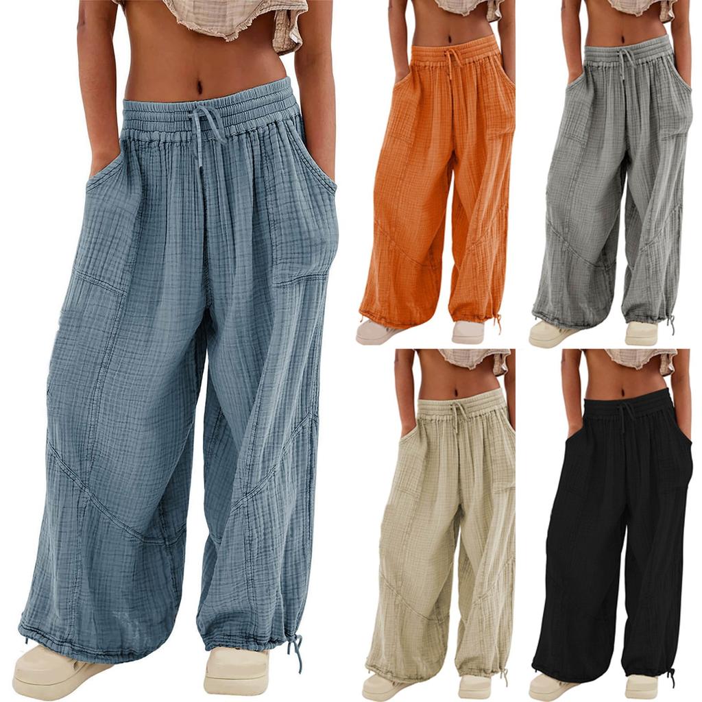 Casual Fashion Solid Color Lightweight Drawstring Tie Pocket Wide Leg Pants Trousers Plus Size