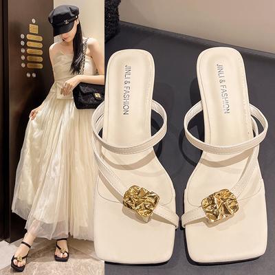Модные летние новые женские тапочки с квадратным носком Grace Narrow Band Solid Casual Sandals Waterproof Block High Lady Shoes