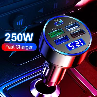 Автомобильное зарядное устройство с 5 портами USB-C и быстрой зарядкой QC3.0, адаптер для автомобильного зарядного устройства телефона со светодиодным дисплеем, совместимый с iPhone, Samsung, Huawei, Xiaomi