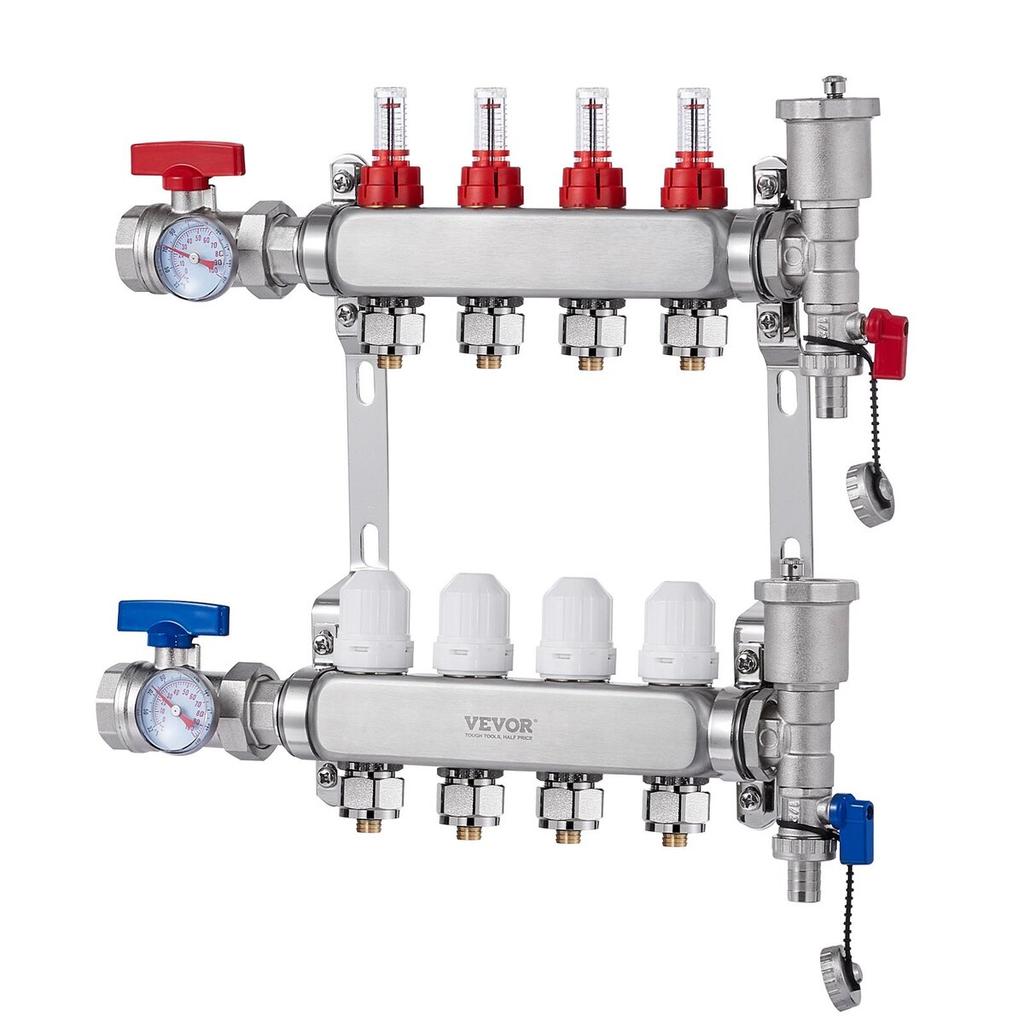 4-Branch Radiant Heat Manifold 1/2" PEX Tubing Floor Heating Manifold Set