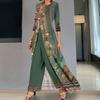 2 Pcs/Set Women Long Top Pants Set Retro Flower Print Split Hem Three Quarter Sleeves Wide Leg Round Neck