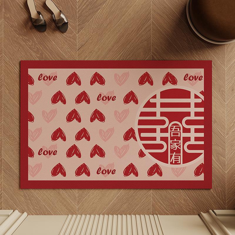 Wedding Celebration Entrance Door Mat Red Absorbent Anti Slip Foot Pad Semi-circular Entrance Mat