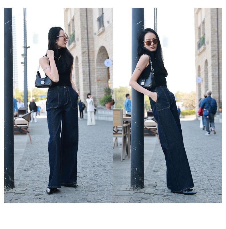 Designer High-Waisted Wide-Leg Jeans for Women - Trendy Spring Floor-Length Denim Pants