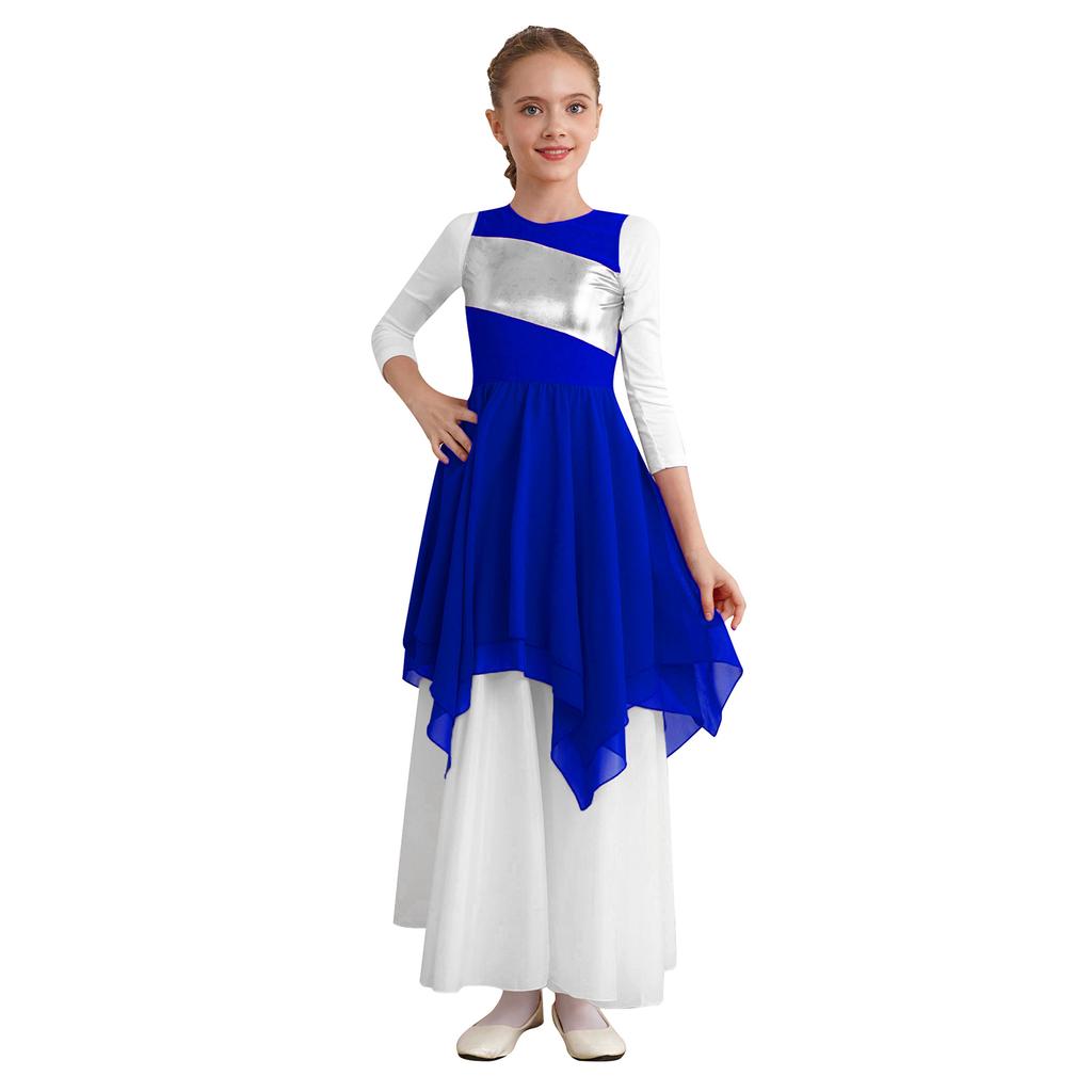 Girls Lyrical Dance Dress Color Block Sleeveless Asymmetric Hem Worship Celebration Costume