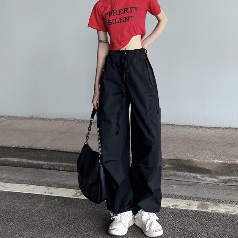 Женские брюки-карго в стиле ретро в стиле хип-хоп Y2K Harajuku Oversize, прямые широкие брюки, черные брюки-парашюты, женская винтажная уличная одежда
