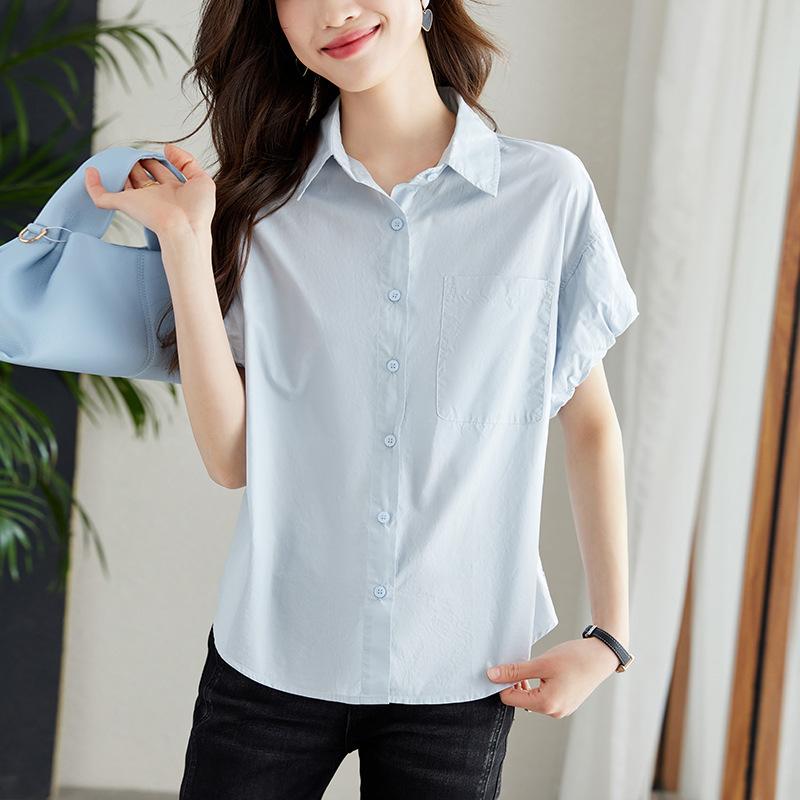 Light Blue Shirt for Women Short-sleeved Summer New Flower Bud Sleeve Top Design Niche Cotton Shirt