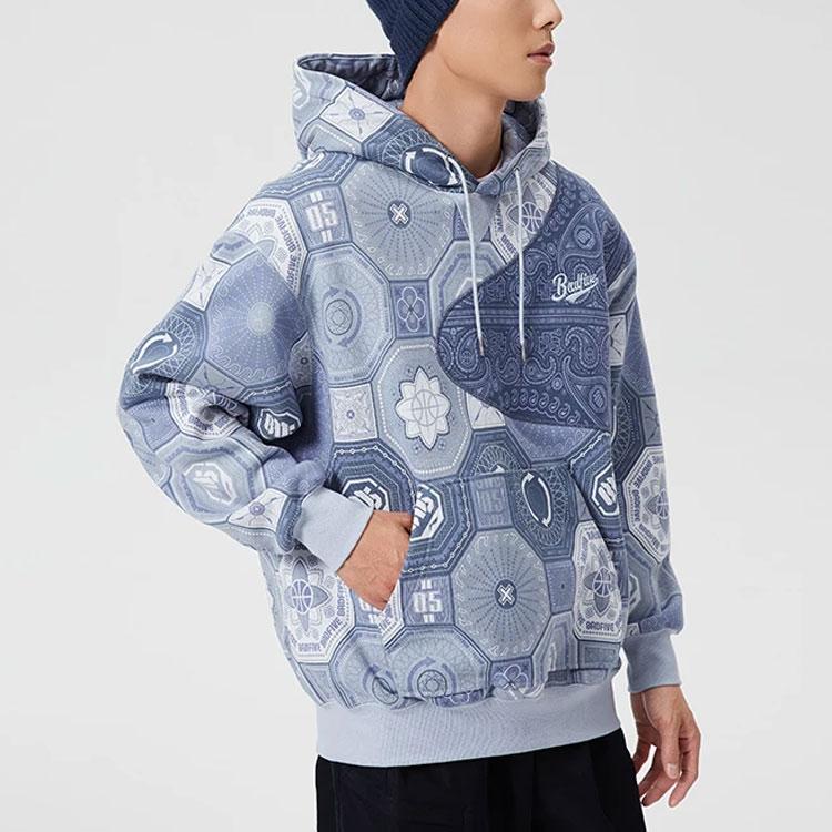Li Ning Badfive Sports Basketball Series Cashew Flower Spliced Fleece Warm Loose Pullover Hoodie Unisex Hoodies Blue AWDR781-2