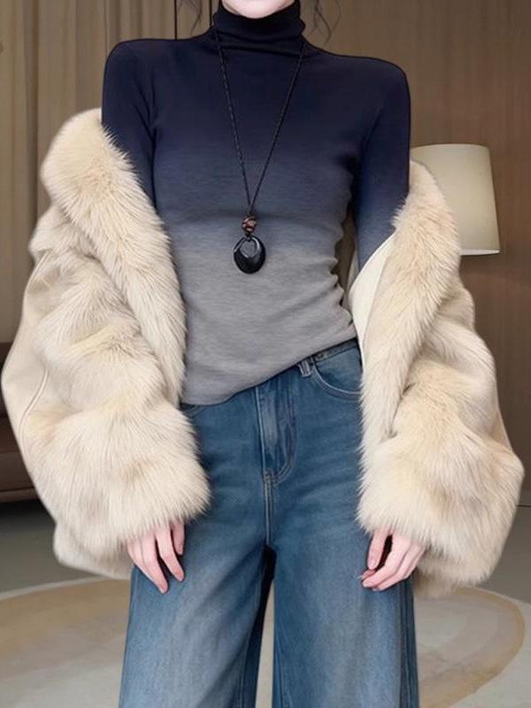 Women's Gradient Wool High Neck Cropped Knit Top - Korean Style Autumn/Winter Slim Fit