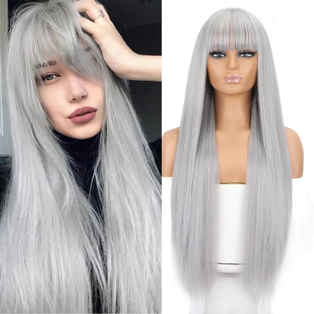 Оранжевые синтетические парики Длинные прямые парики с челкой для женщин Розовый Красный Косплей Вечерние Ежедневное использование Натуральные волосы