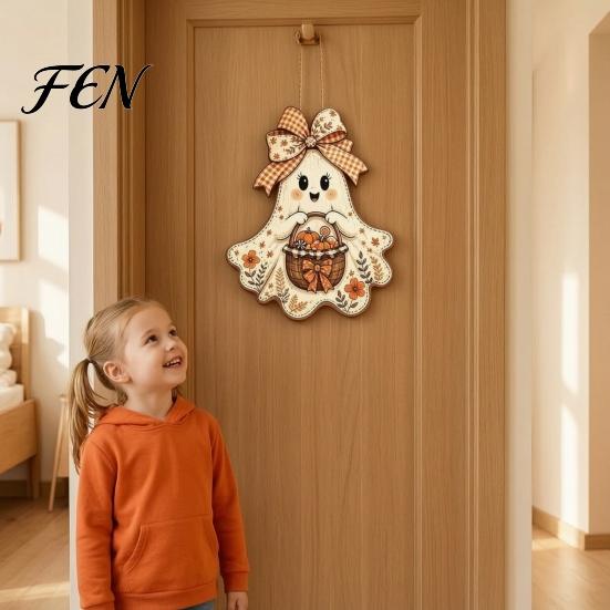 Vintage Style Halloween Sign Cute Bow Ghost Hanging Sign, Rustic Retro Floral Door with Pumpkin Party Background Decor Basket, Wooden Pendant