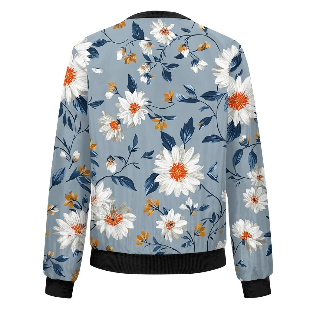 Women's Fashion Long Sleeve Floral Print Round Neck Zip Up Jacket