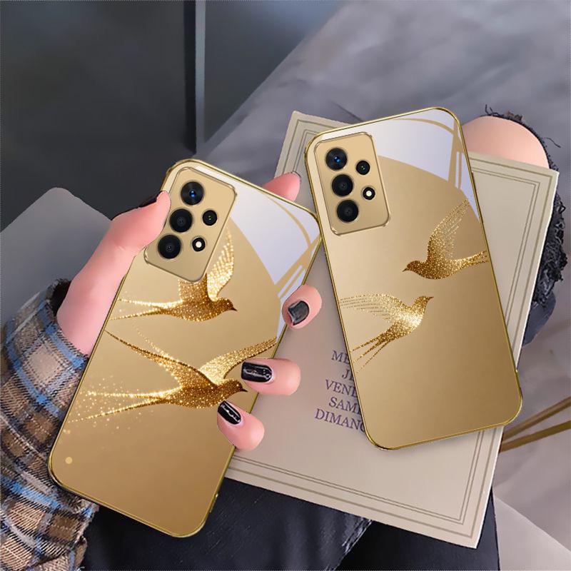 golden flying bird For Samsung A 01 52S A04 A05S A10 A12 A13 22 23 24 36 42 M02 Note 10 20Ultra 8 9 Golden glass phone case