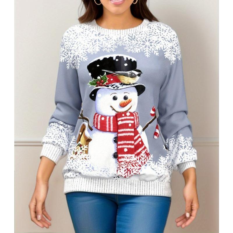 Women's Blouse Round Neck Christmas Print Loose Long Sleeve Top