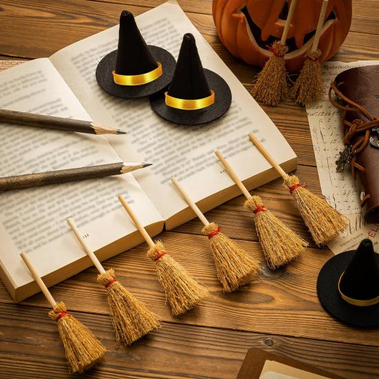 12 шт. Мини шляпа ведьмы и метла поделки украшения для Хэллоуин вечеринки многоразовые черные шляпы праздничные украшения для домашней вечеринки