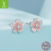 Pink Gradual Change Cherry Blossom Stud Earrings, Romantic Flower S925 Sterling Silver Exquisite Earrings Birthday Gift