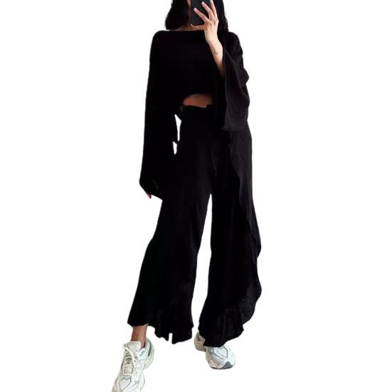 2 Pcs/Set Women Crop Top Pants Set Long Sleeve Boat Neck Short Top High Waist
