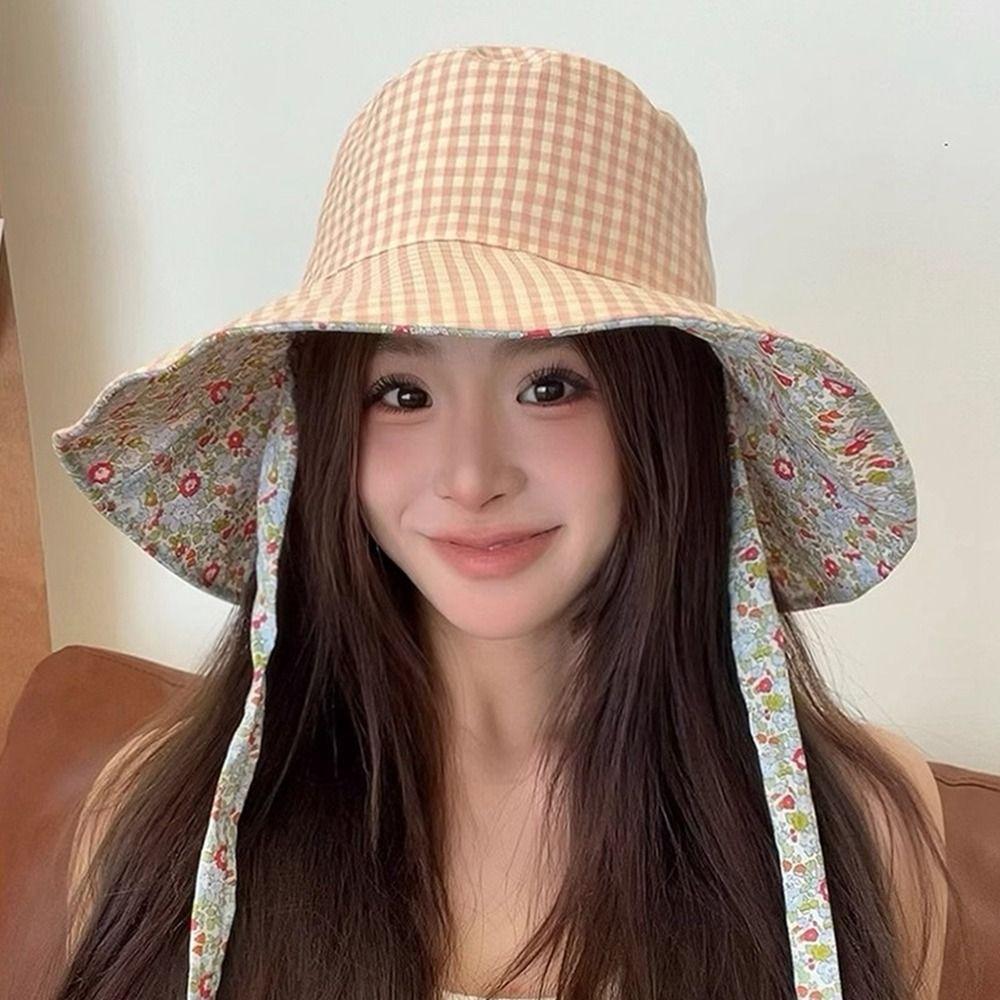 Floral Hiking Fisherman Hat Sun Protection Heart Printed Bucket Hat Plaid Hiking Cap Travel