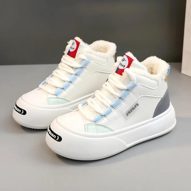 Новые зимние туфли 2024 года, белые туфли для женщин, плюшевые спортивные туфли на толстой подошве, теплые хлопковые кроссовки для женщин