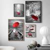 Black White Urban Landscape Red Umbrella Canvas Painting Modern Wall Art Posters and Prints Pictures for Living Room Home Decor