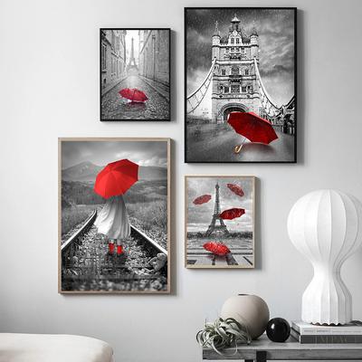 Black White Urban Landscape Red Umbrella Canvas Painting Modern Wall Art Posters and Prints Pictures for Living Room Home Decor