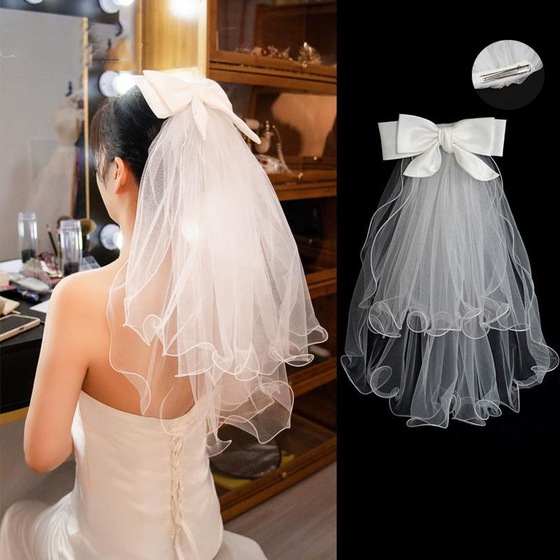 1 шт. Свадебная фата с кружевной кромкой, короткая, элегантный бант, жемчуг, свадебные аксессуары, двухслойная, белая, из тюля для женщин