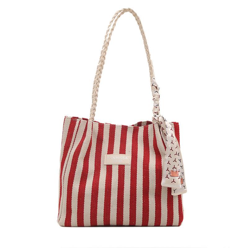 Fashion Letter Decoration Striped Pattern Woven Shoulder Strap Women Tote Bag For Commuting