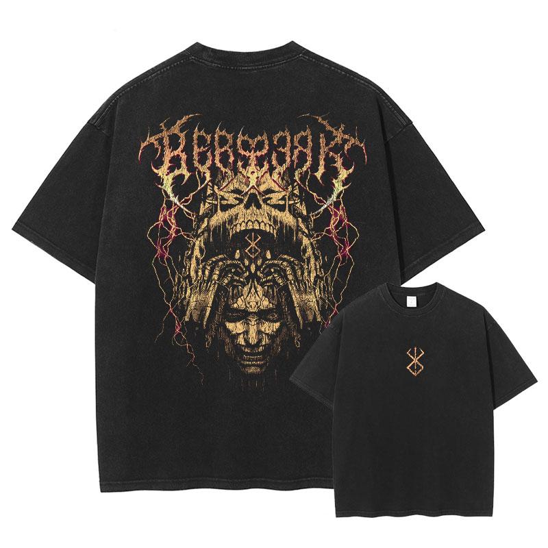 Японское аниме Берсерк Графическая выстиранная футболка Мужская Манга Хлопковые футболки Повседневная Винтажная Готическая футболка Харадзюку Мужская Уличная футболка