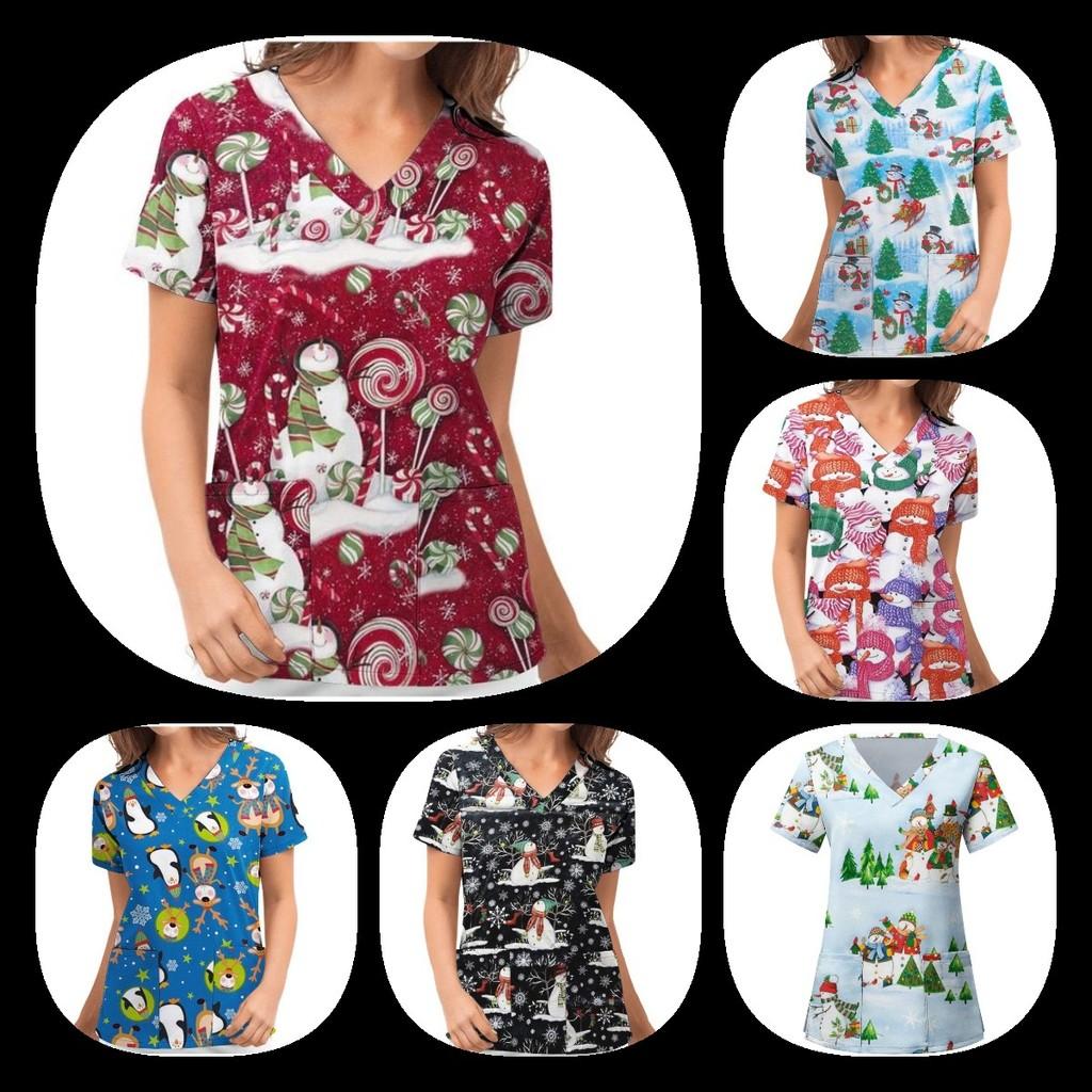 Женские рождественские скрабы с принтом, униформа, медицинские топы, рубашка с цветами, одежда