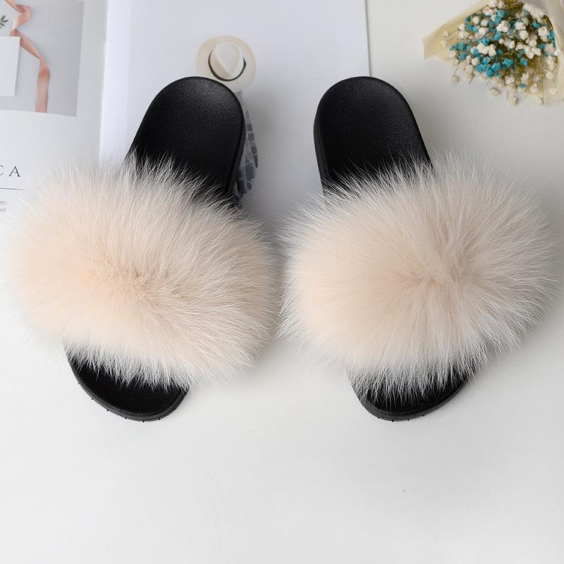 Furry Slippers for Women The Same Style In Summer Real Fox Fur Slippers Plus Size Female Sandals