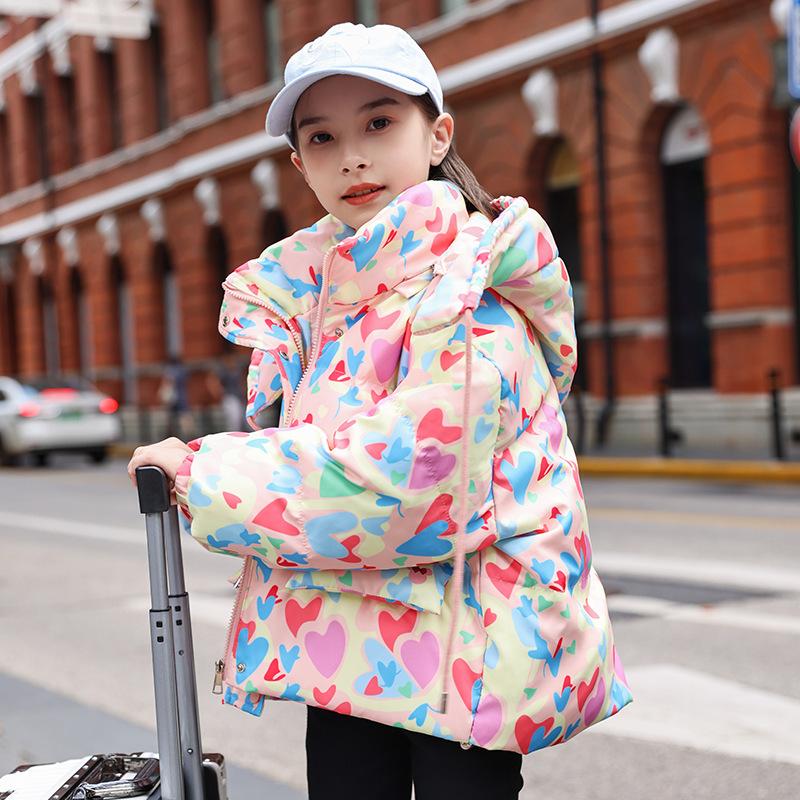 Winter Girls Love Fashion Hooded Down Jacket Girls Parent-child Down Jacket Floral Top Coat