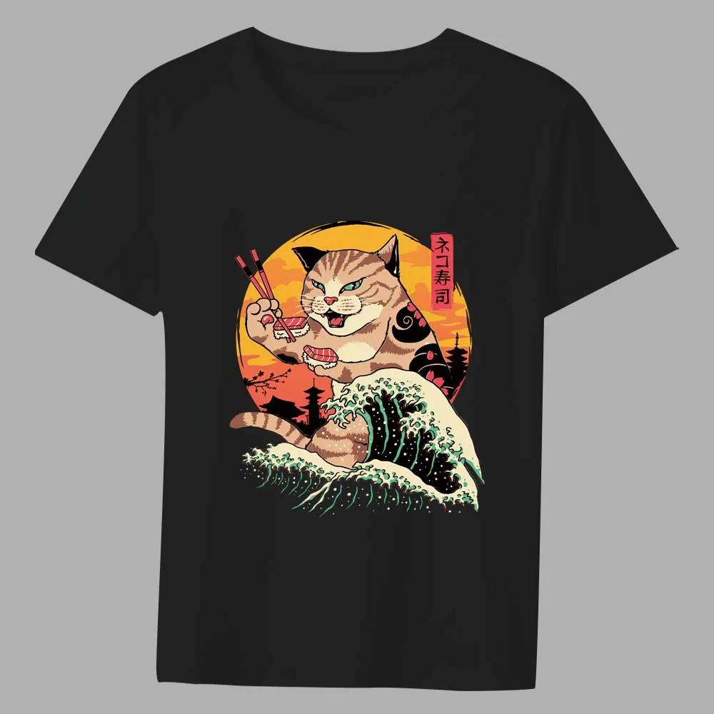 Men Summer T-shirt Basic Print Tops Japan Anime Genki Cat Series Casual O-neck Fashion Men Commuter Comfortable Tees