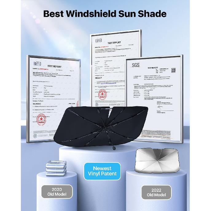 Upgrade Nmoiss Windshield Sun Shade Umbrella - [Vinyl Coating Heat Shield] Protect Car from Sun Rays & Heat Damage Keep Cool and Protect Interior,