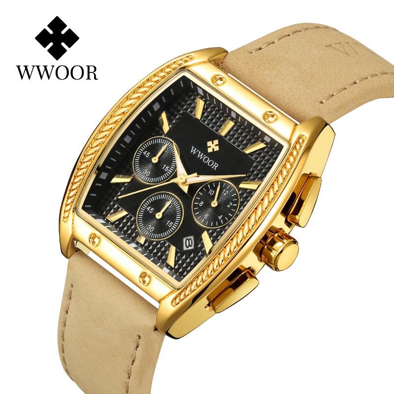 WWOOR Модные квадратные мужские часы с ремнем Кварцевый механизм Премиум водонепроницаемые мужские часы