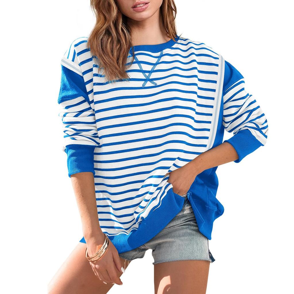 Большие толстовки для женщин свободного кроя с круглым вырезом в полоску с цветными блоками и длинными рукавами