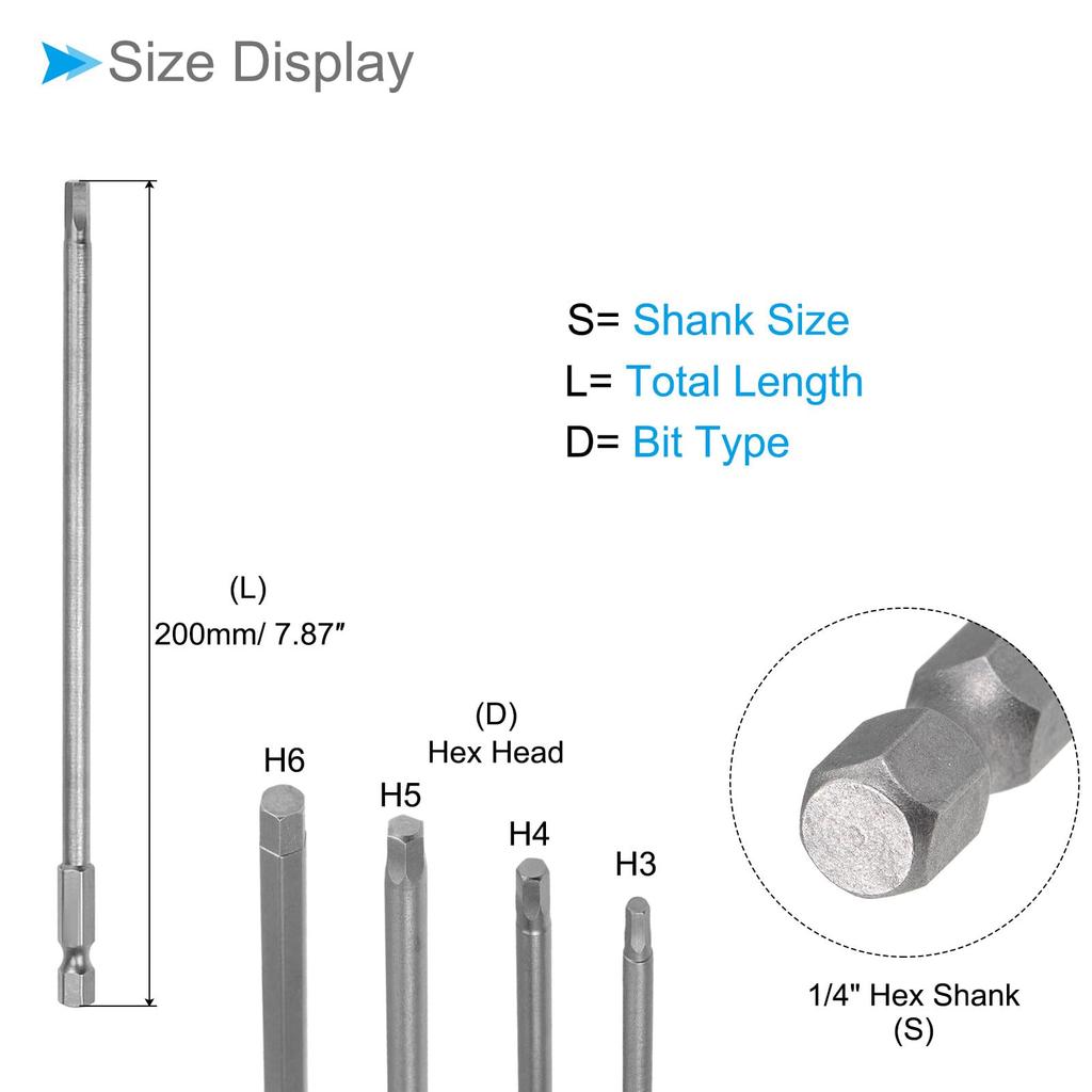 CoCud Hex Head Wrench Bit Hex 200mm S2 Alloy Steel Driver Bits Power Set of 4 Set, H3, H4, H5, H6, 1/4" Shank, Long, - (For Drills) -