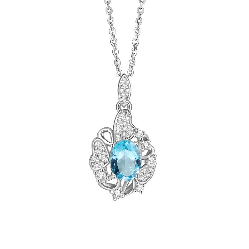 S925 Sterling Silver Necklace Women's Natural Crystal Stone Topaz Pendant Light Luxury Color Treasure High-end Clavicle Chain