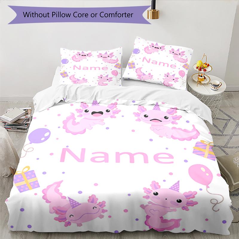 3pcs Custom Name Axolotl Bedding Set Duvet Cover Closure Includes 1 Duvet Cover & 2 Pillowcases, Soft and Comfortable for All Seasons.