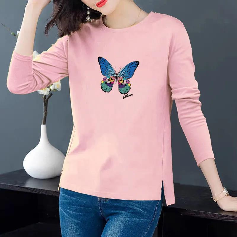 Spring Colorful Butterfly Print T-Shirts Long Sleeves Bottoming Shirts Women Cotton Pullover Casual Slit Shirt