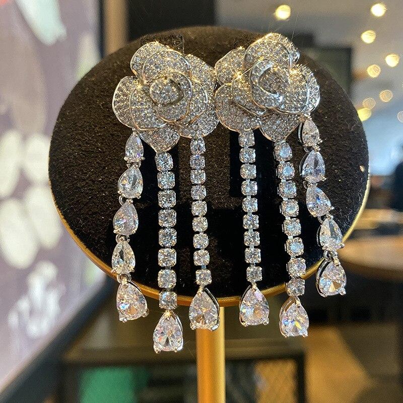 Серьги-капли из серебра 925 пробы со сверкающими цветочными каплями, микронабор с цирконием, висячие серьги с кисточками и камелией, вечерние украшения