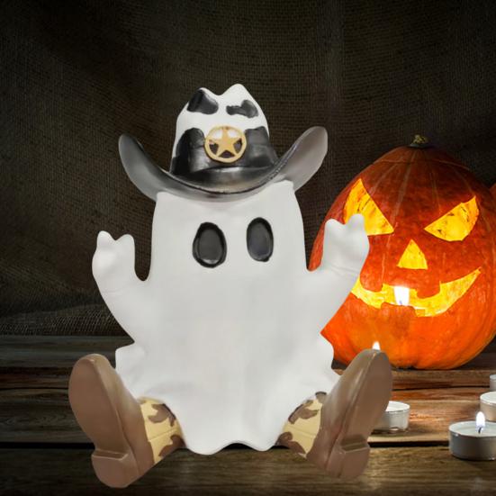 Статуя Призрака Ковбоя на Хэллоуин Полимерная Фигурка Призрака в Ковбойских Сапогах Шляпе Настольное Украшение Призрака для Дома Вечеринки Центральный Элемент Каминная Полка