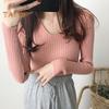 Женские топы с V-образным вырезом, длинным рукавом, облегающий свитер, однотонный ребристый низ, эластичный трикотаж