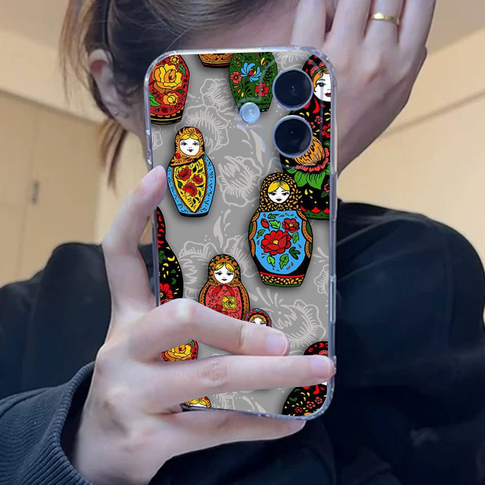 Russian Traditional Transparent Phone Case For iPhone 17 16 15 11 12 13 14 Pro Max Mini Soft TPU Silicone Plus