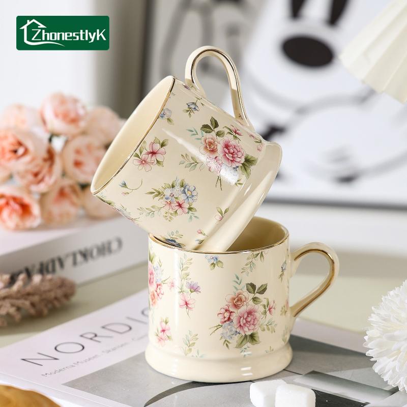 Скандинавские Керамические Кружки с Ручной Рисунком Цветов, Кружки для Кофе Легкой Роскоши, Молочный Стаканчик с Золотым Ободком, Кружка для Завтрака, Посуда для Напитков