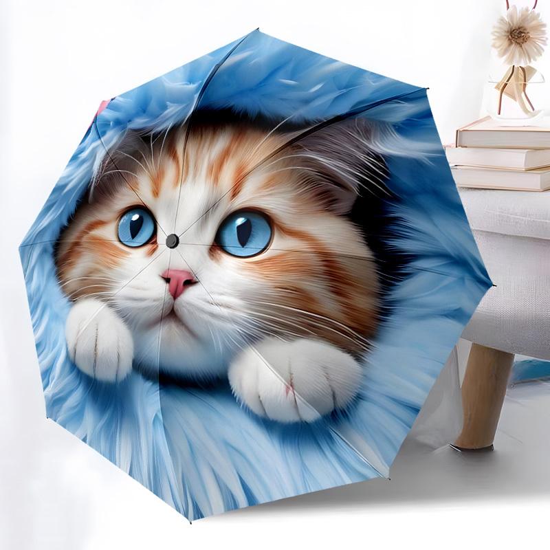 1pc Cat Print Auto-Fold Umbrella with One-Touch Open/Close - 8 Reinforced Ribs for Windproof Stability, yy251118121