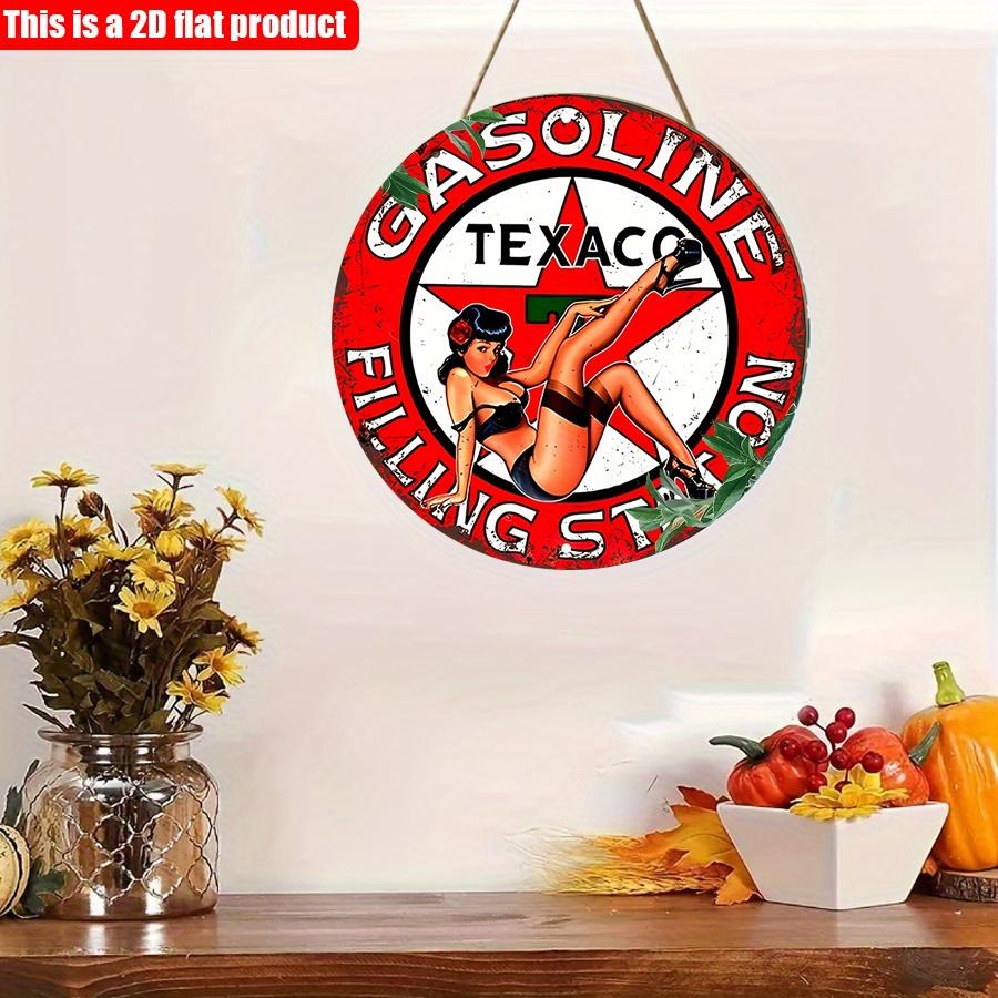 2D tekis 20*20cm 1 dona texaco benzin quyish shoxobchasi Retro Vibes Dumaloq Yoqilg'i Quyish Shoxobchasi Belgisi, Garaj uchun Noyob Devor San'ati, Yoqilg'i Quyish Shoxobchasini Dekoratsiyasi, Nostalgik