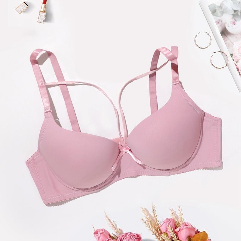 Pink Push Up Bra for Girl Comfy & Breathable Cross Hollow Out Bra, Women's Lingerie 34B-40B Cup Underwear
