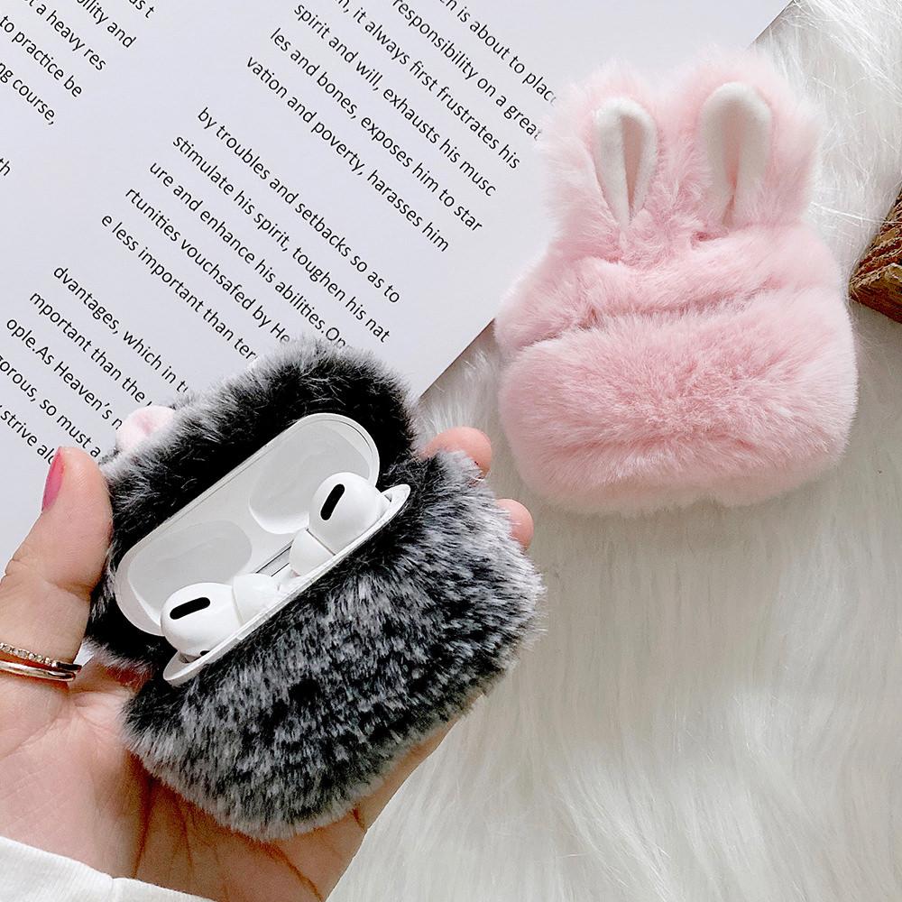Мягкий меховой чехол с кроличьими ушками для AirPods 1 2, пушистая коробка с беспроводной зарядкой и карабином, плюшевый чехол для Airpods Pro, защитный чехол